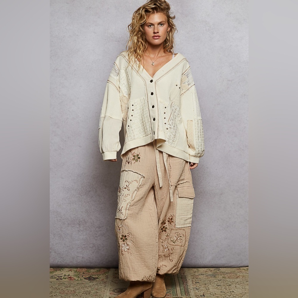 ⚡️ POL “ Cottage Charm “ Patchwork Cadigan Thermal Hoodie Cardigan | Cream - Picture 9 of 9